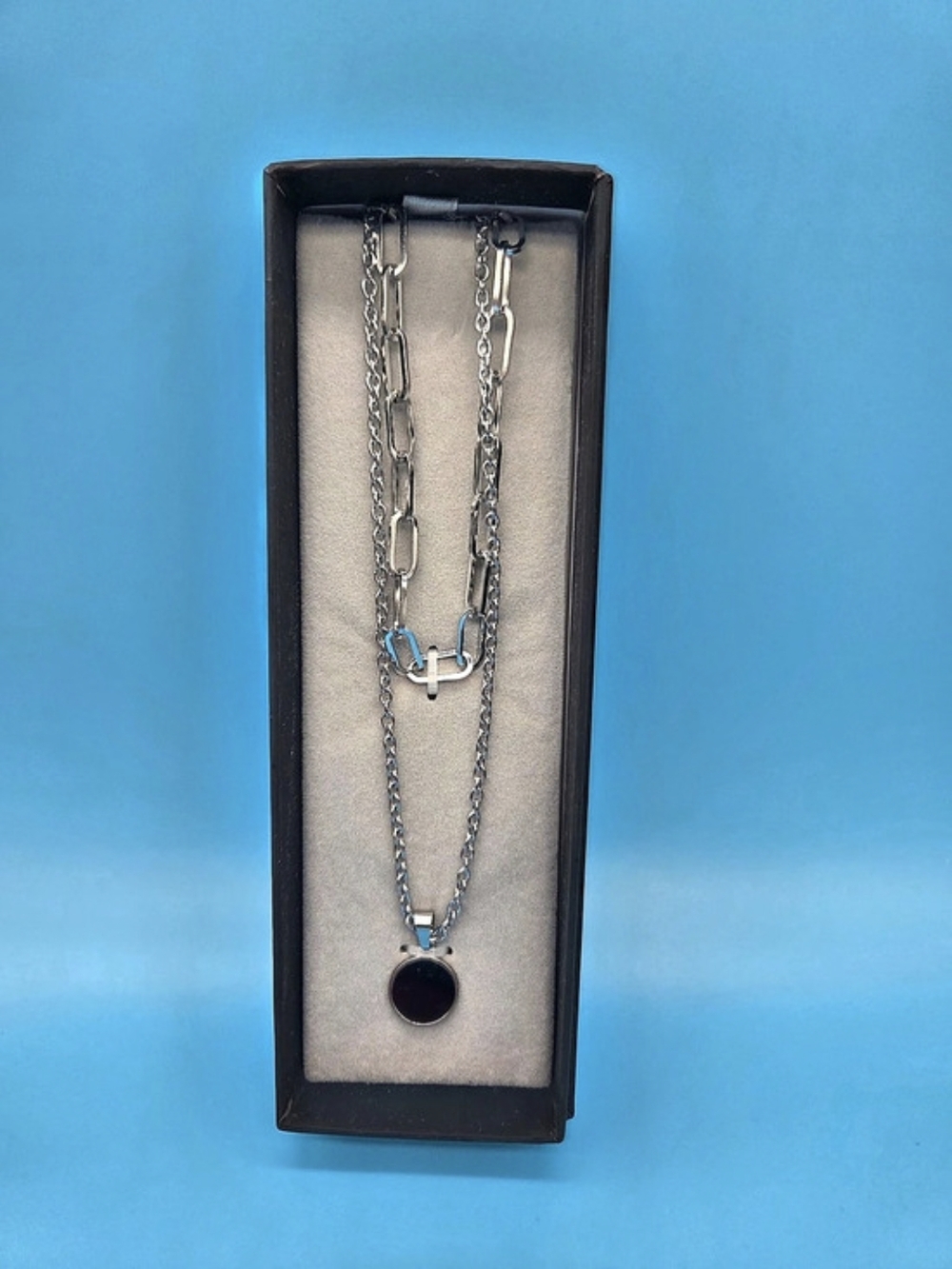 Linea Uomo Pendant Necklace in Silver & Black Set